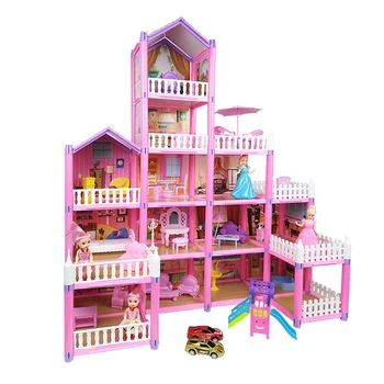 Children Gift Girls DIY Toys Pink Plastic Miniature Furniture Villa Princess Castle Play Set Pretend Play Doll House