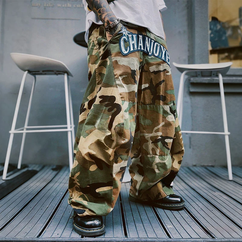 Streetwear Custom Camouflage Outdoors Mens Oversize Wide Leg Work Ripstop Cotton Baggy Camo Cargo Pants Man Trousers