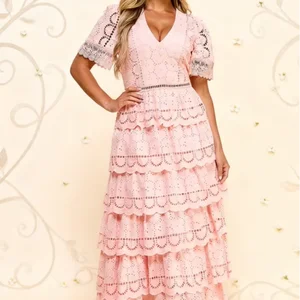 Women's Spring Autumn Cotton Maxi Dress Tiered V-Neck Short Sleeve Embroidered Crocheted Woven Lace High Waist Fitted Geometric