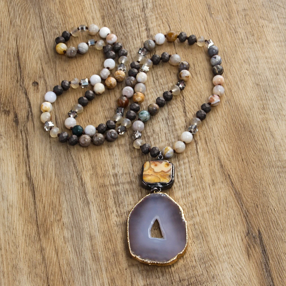 New Vintage Bohemian Style 8mm Natural Stone Glass Knot Necklace  Labradorite Crazy Agate Irregular Agate Hole Pendant Necklace