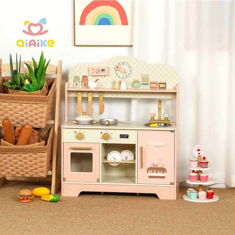 Qiaike New Arrival 4-6 Years Baby Simulation Role Play Wooden Kitchen Toy Set Realistic Stove Utensils Educational Gift for Boys