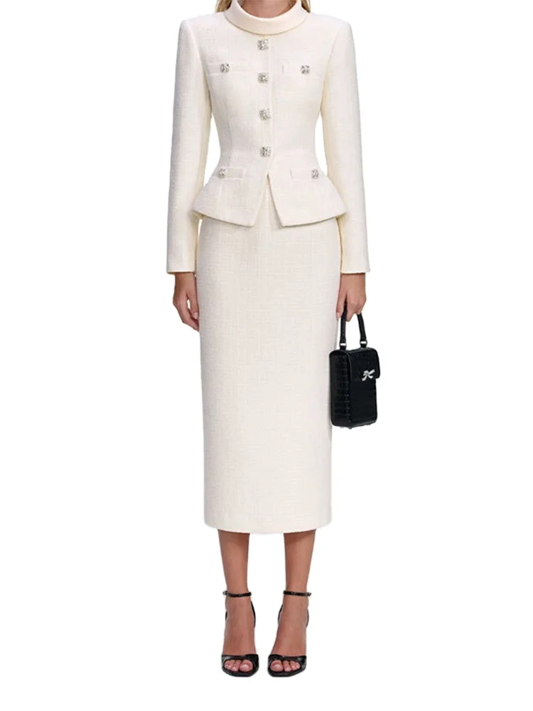 2026 Spring New Lvory White Tweed FakeTwo-Piece Women Long Dress Women Elegant Maxi Party Dress