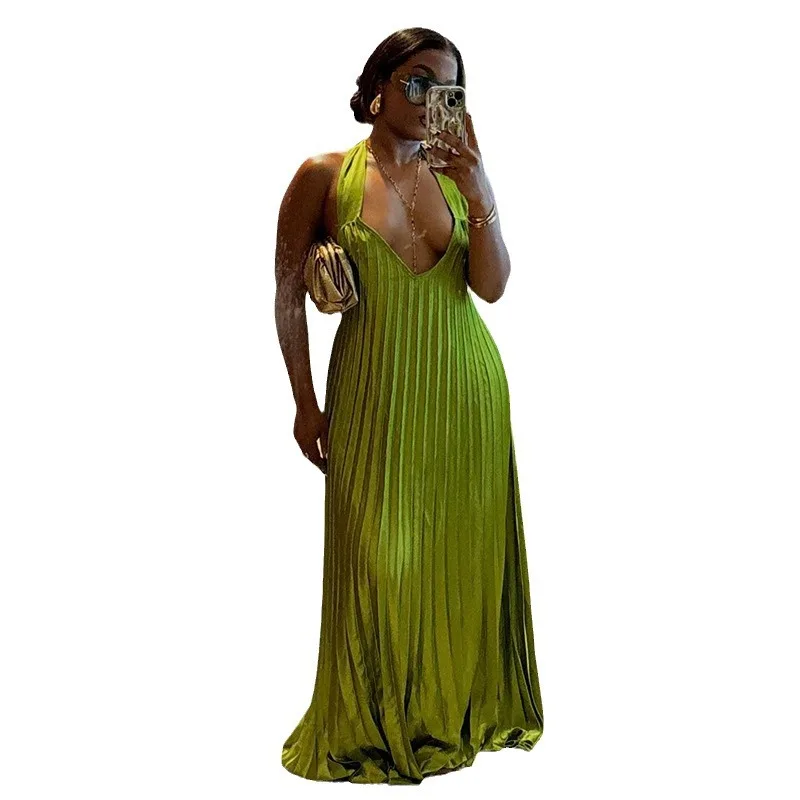 Good Quality Solid Color Pleated V Neck Halter Elegant Ladies Casual Maxi Dresses