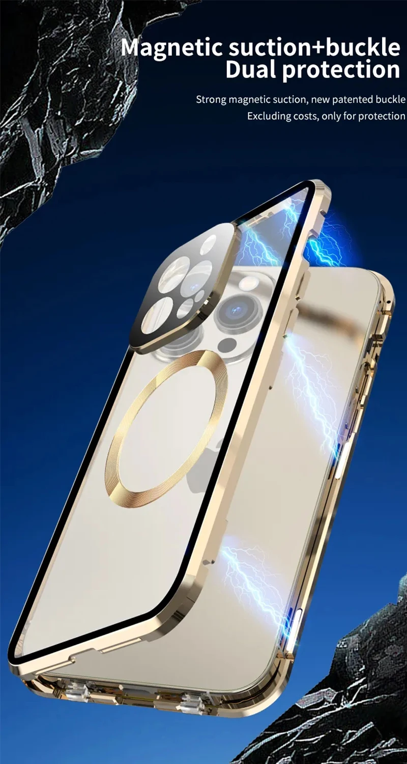 Magnetic Transparent Aluminum Alloy Frame Double-sided HD Glass Wireless Charging Phone Case for iPhone 15 14 13 Pro