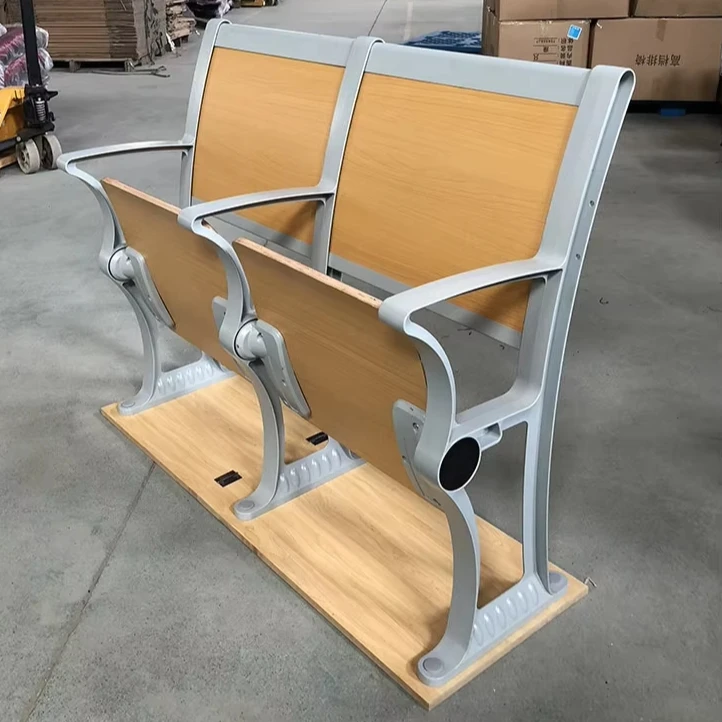 Modern Design Steel Backrest School Chair with Wooden Folding Seat Fixed Armrest Ladder Lecture Hall Table for College Students