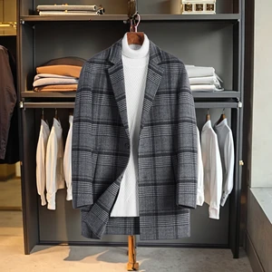 OEM & ODM Men's Winter Wool Jacket Fashionable Single-Breasted Gray Plaid Long Casual Coat In-Stock for Youth