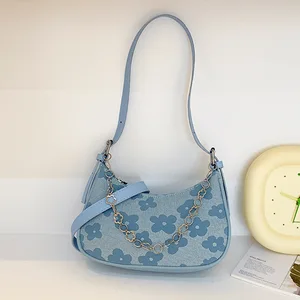 Wholesale Latest Brand Small Designer Handbags Thread Leather Shoulder Bag Women Ladies Chain Denim Print Mobile Phone Bag