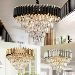 Modern Indoor Lighting Golden Iron Pendant Light Lustre Luxury Black Crystal Chandelier for Living Room