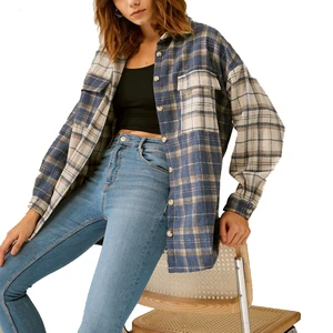 Women Oversize Color Block Flannel Plaid Shirt Long Sleeve Drop Shoulder Lapel Button Down Shirt Blouse Tops