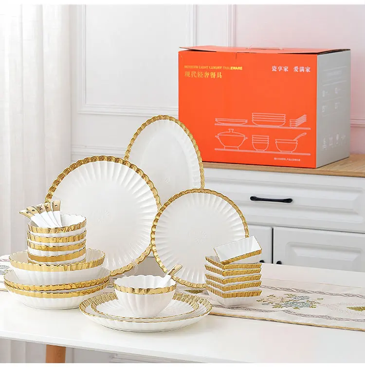 Highend Kitchen Tableware Ceramic Bowl Plates Sets Nordic White Gold