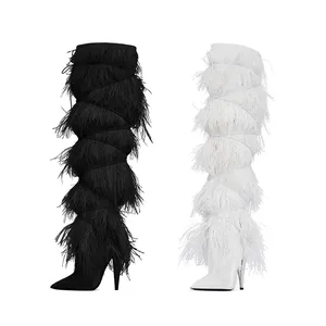 2021 Autumn Winter Fashion Show Fur Long Boots Breathable Lace-up High Heel Pointed Toe Over-the-Knee Sexy European American