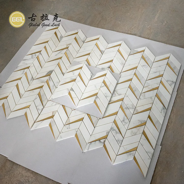 Chevron Marble Brass Mosaic Tiles For Wall And Floor Decoration & Marble Mosaics For Villa