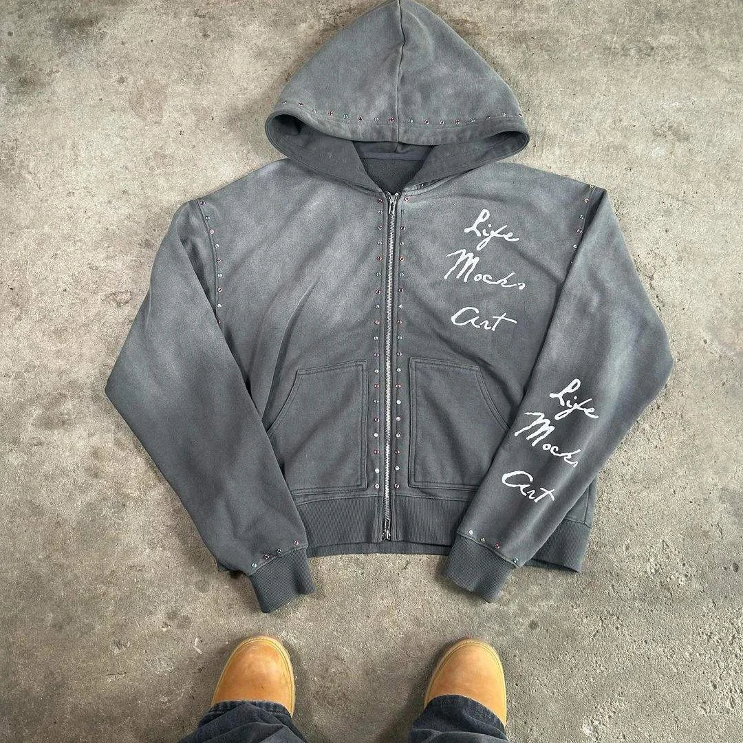 SALATI OEM Custom Sunfaded Sun Faded Acid Wash Vintage Rivet Full Zip Rhinestone Zip up Hoodie Men With Rhinestone