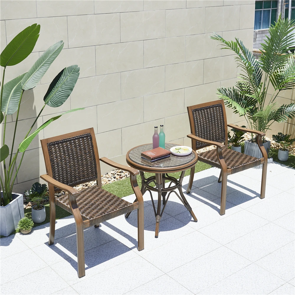 Wholesale metal rattan set leisure outdoor furniture garden dining table with 4 Chair aluminum ratten PE wicker dinning chair