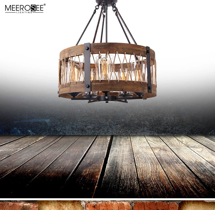 Meerosee Farmhouse Pendant Light Antique Wood Finish Rural Industrial Style Hanging lamp with Adjustable Chain MD86786