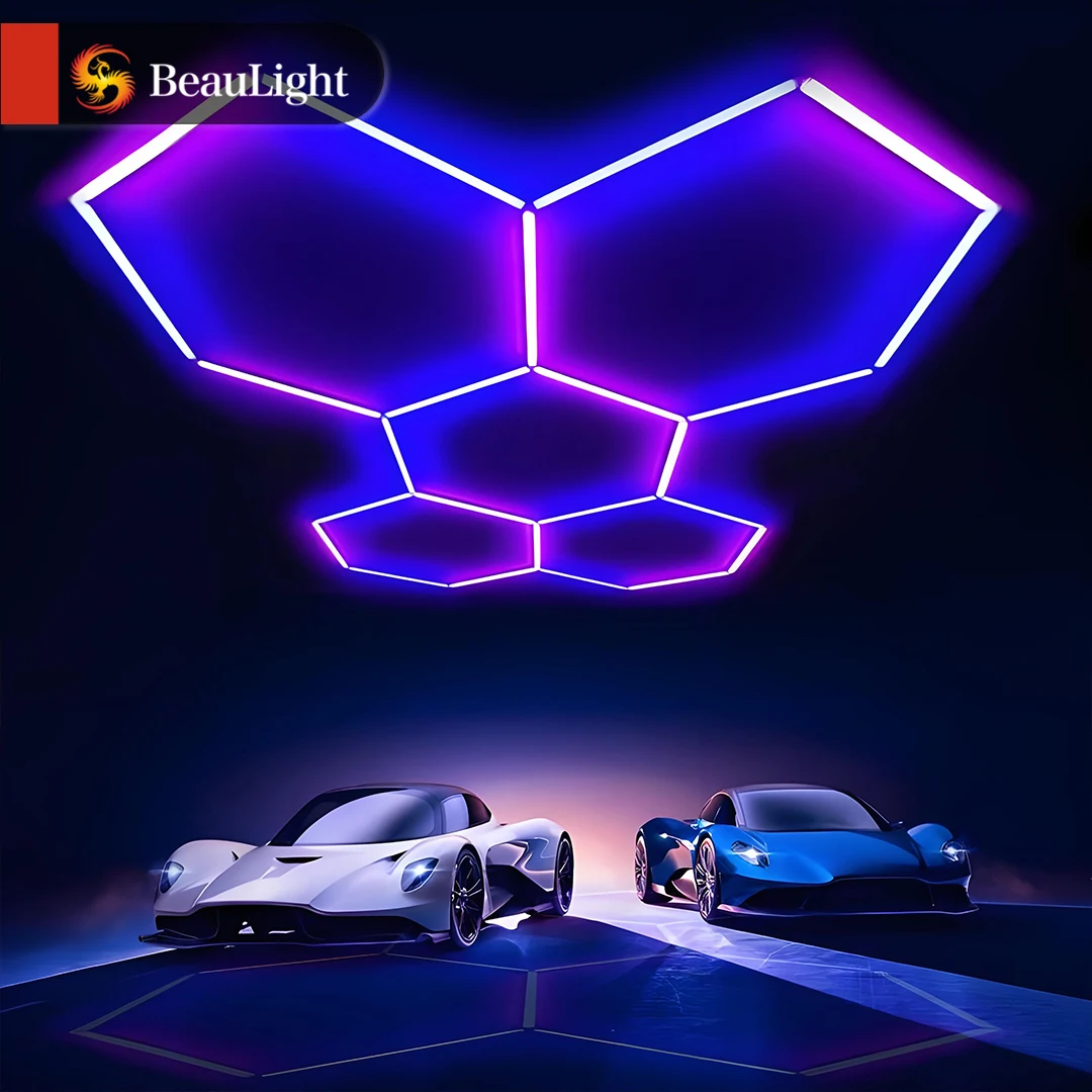 Éclairage personnalisé pour atelier d’entretien automobile, lampe LED RVB hexagonale pour plafond, destinée aux garages et aux stations de lavage automobile, montage en nid d’abeille sur plafond de travail