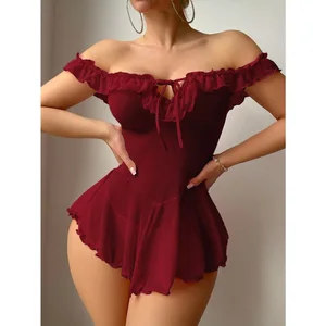 2026 Cross-Border European & American Style New Arrival Sexy Sheer Mesh Off-Shoulder Dress Tempting Lingerie Uniform