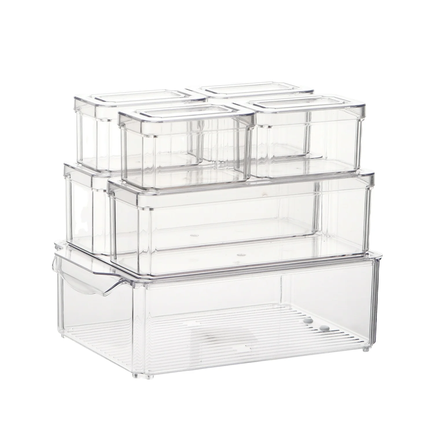 Reusable Refrigerator Organizer Bins Transparent PET Stackable Food Refrigerator Storage Box Container Set