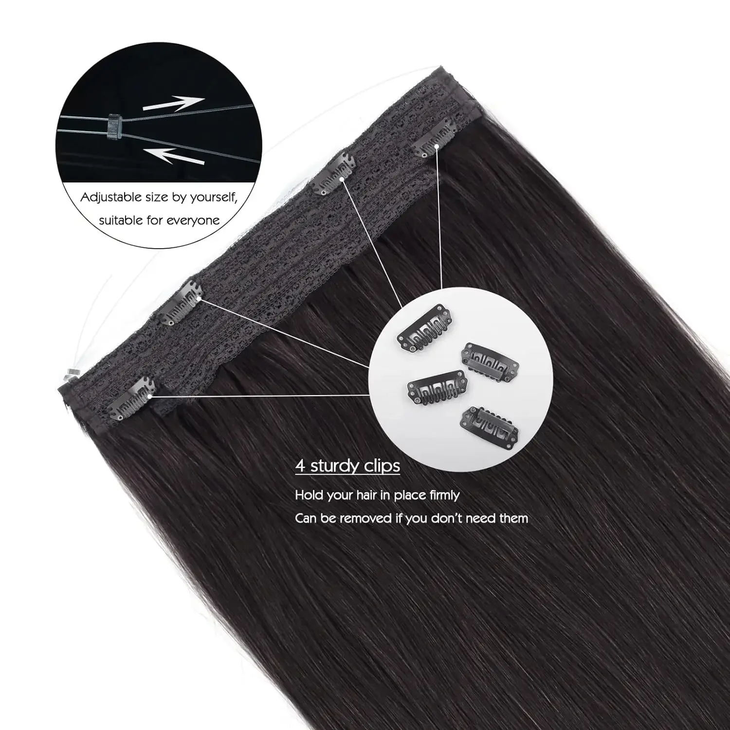 Extension per capelli umani Remy neri con filo invisibile e filo di pesce_voghion.com