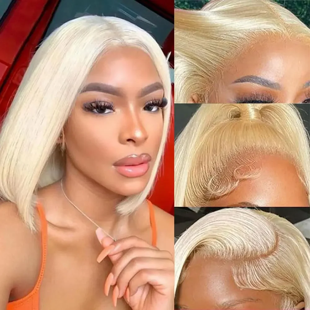 Perruque Bob en cheveux humains avec dentelle frontale HD, perruques courtes blondes pré-épilées pour femmes_voghion.com