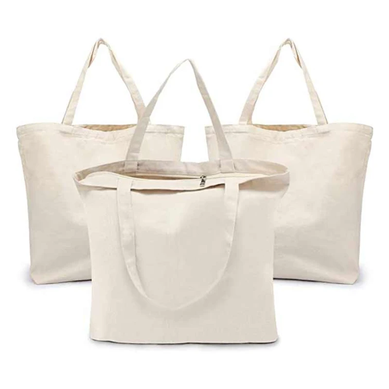 Wholesale Heavy Duty Plain Canvas Tote Bag with Zipper Inside Pockets for Shopping