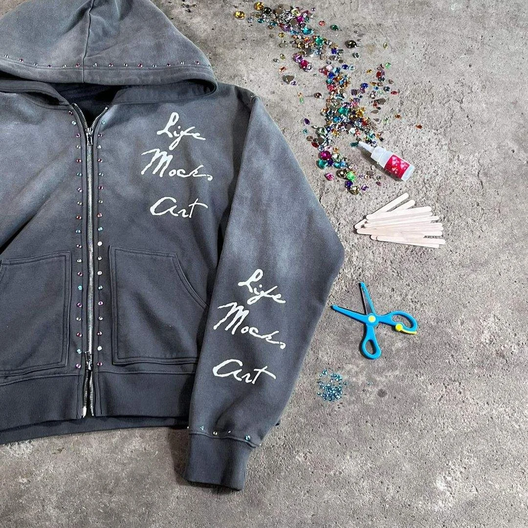 SALATI OEM Custom Sunfaded Sun Faded Acid Wash Vintage Rivet Full Zip Rhinestone Zip up Hoodie Men With Rhinestone gallery 2