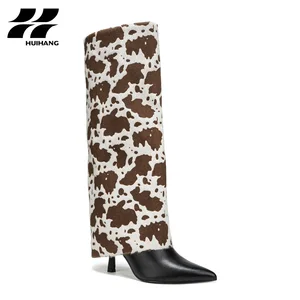 Women's Trendy Cow Print PU Boots Stiletto Heel Comfortable Slip-On Western Style Square Pointed Toe Pvc for Fall Winter