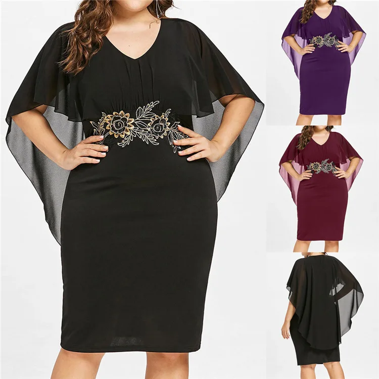 Plus Size Vneck Butterfly Short Sleeve Floral Embroider Evening