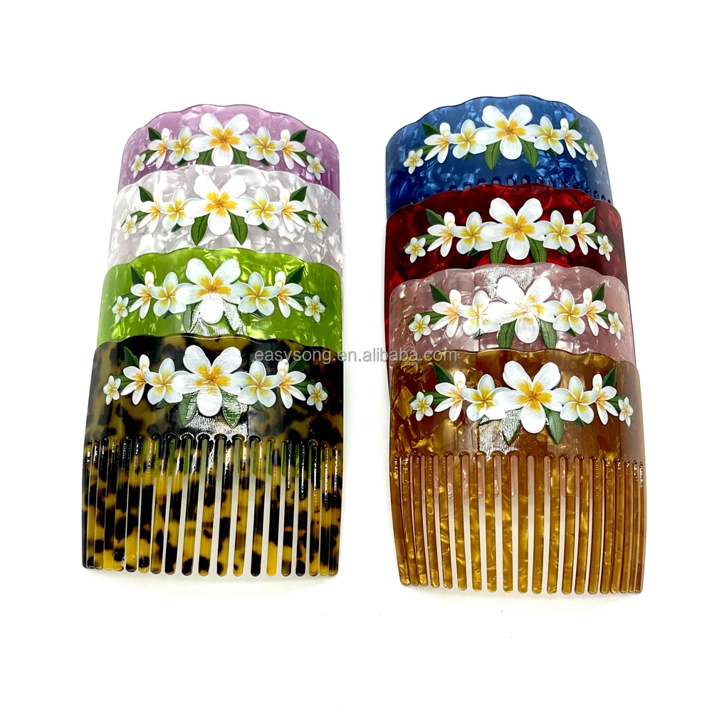 Women Combs Acrylic Hair Combs For Long Hair With Plumeria Frangipani