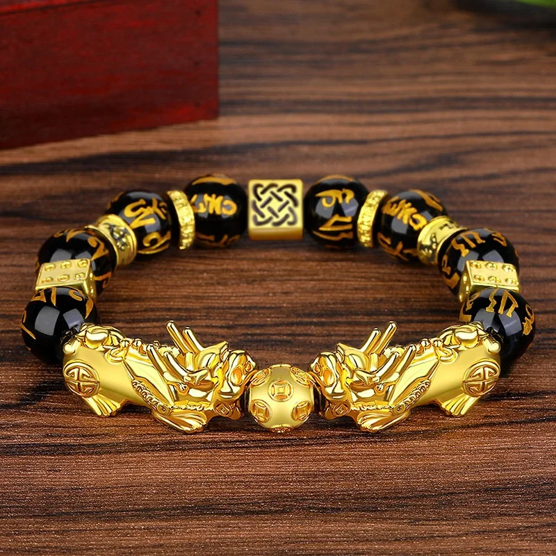 Chinese Original Gold Fengshui Pi Xiu Black Obsidian Jade Stones