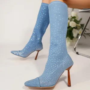 BUSY GIRL QLD32 Women's Knee High Boots Stiletto High Heel Fashion Boots Rhinestone Skinny Pointed Denim High Boots for Women