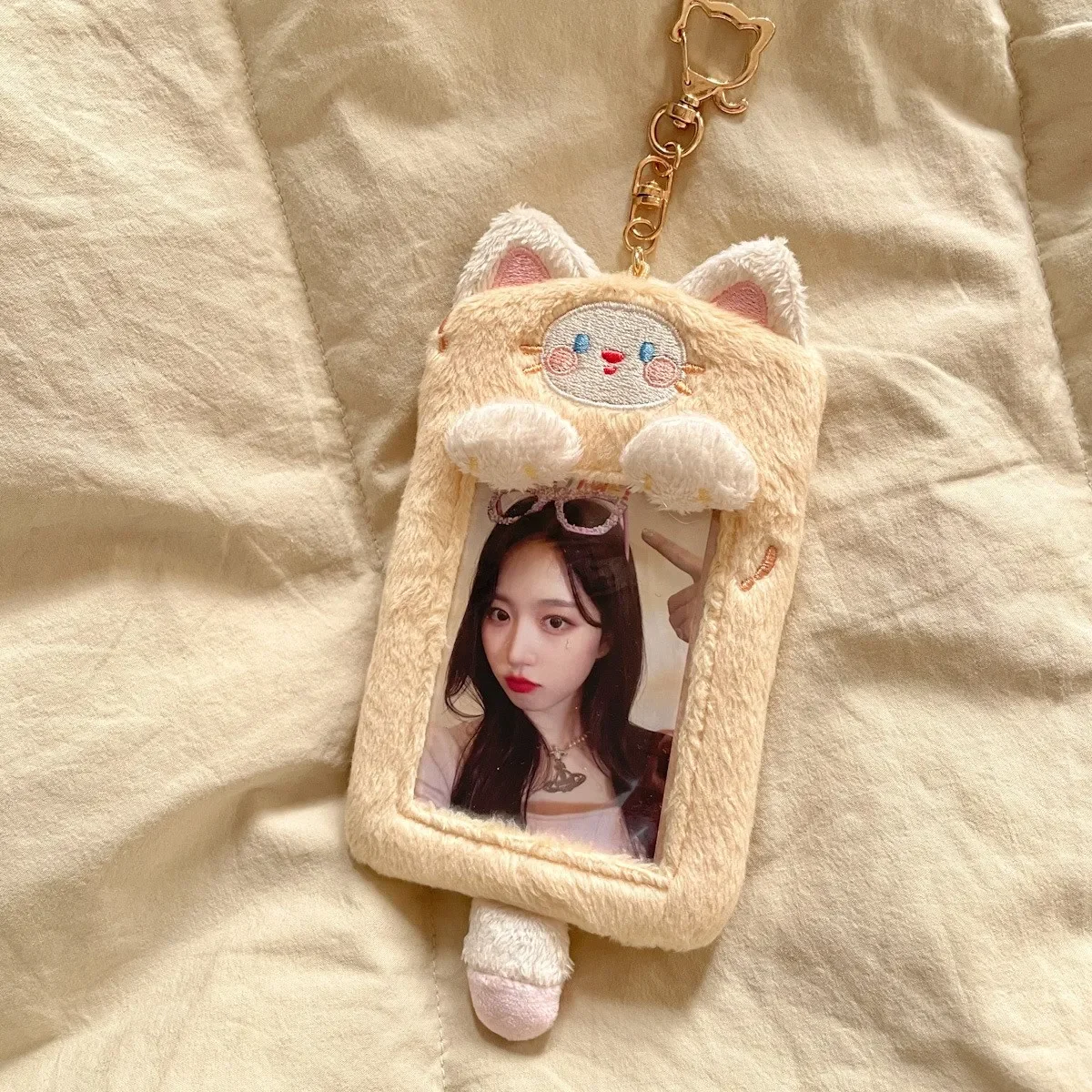 Cute Cartoon Plush Photo Card Holder With Keychain - Dog & Cat Design For Kpop IDs, Bag Decor