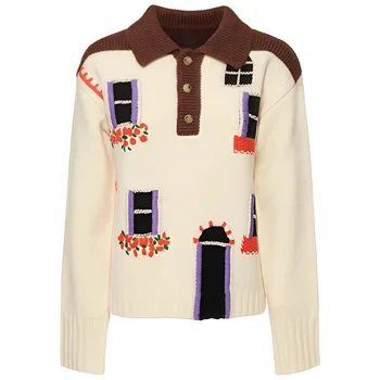 Vintage Streetwear Art House Embroidery Sweater Brown Polo Collar Knit Top Apricot Comfort Patchwork Lady Pullover