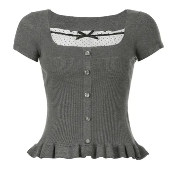 Ainidan Spicy Girl Long T-Shirt with Bow Square Neck Lace Hem Embroidery Breathable Quick Dry Knitted Fabric Compressed Logo