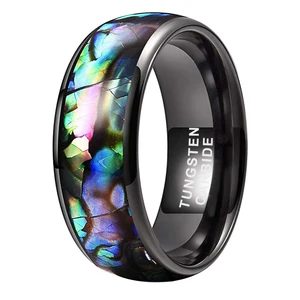 Coolstyle Jewelry 8mm Black Tungsten Carbide Ring for Women Engagement Band Abalone Shell Inlay Polished Shiny Domed Comfort Fit