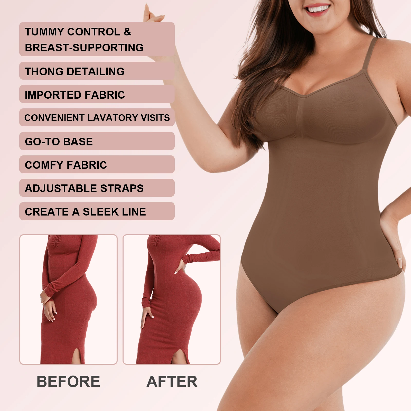Tummy Control Bodysuit – Full Body Shapewear With Underwire & Mid-Thigh Length, Beige & Black