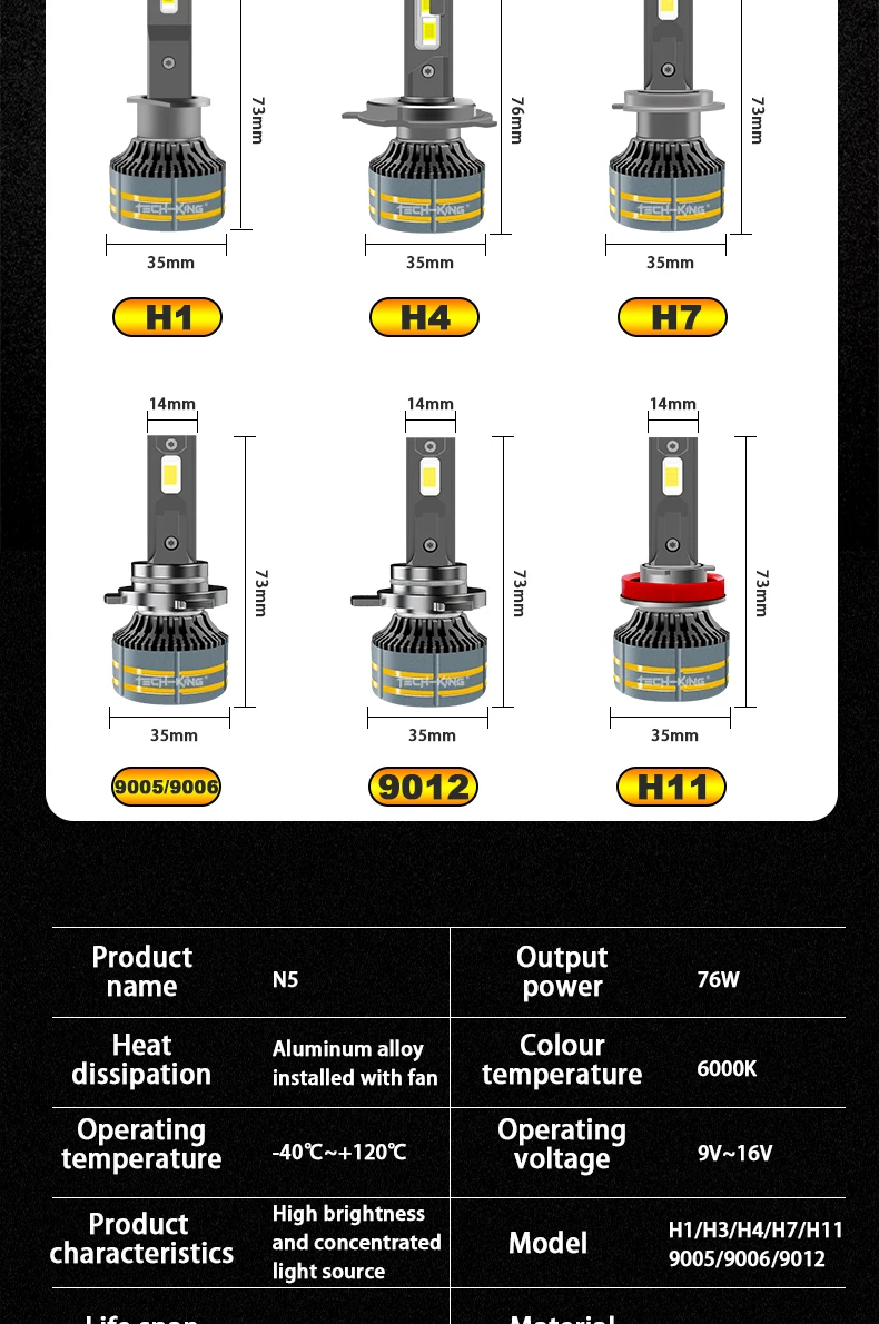 TECH-KING LED Headlights N5 76W Car LED Bulbs Auto LED Light Bulbs H1 H3 H4 H7 H11 9005 9006 9007 9012 Luces LED Headlights