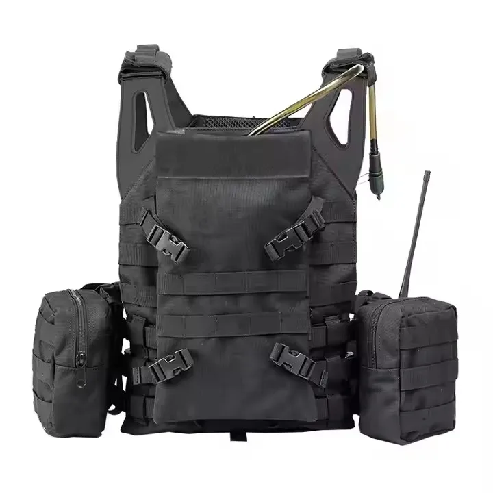 Black Leather Shoulder Molle Pouches Plate Carrier Training Tactical Vest with Water Bag 5