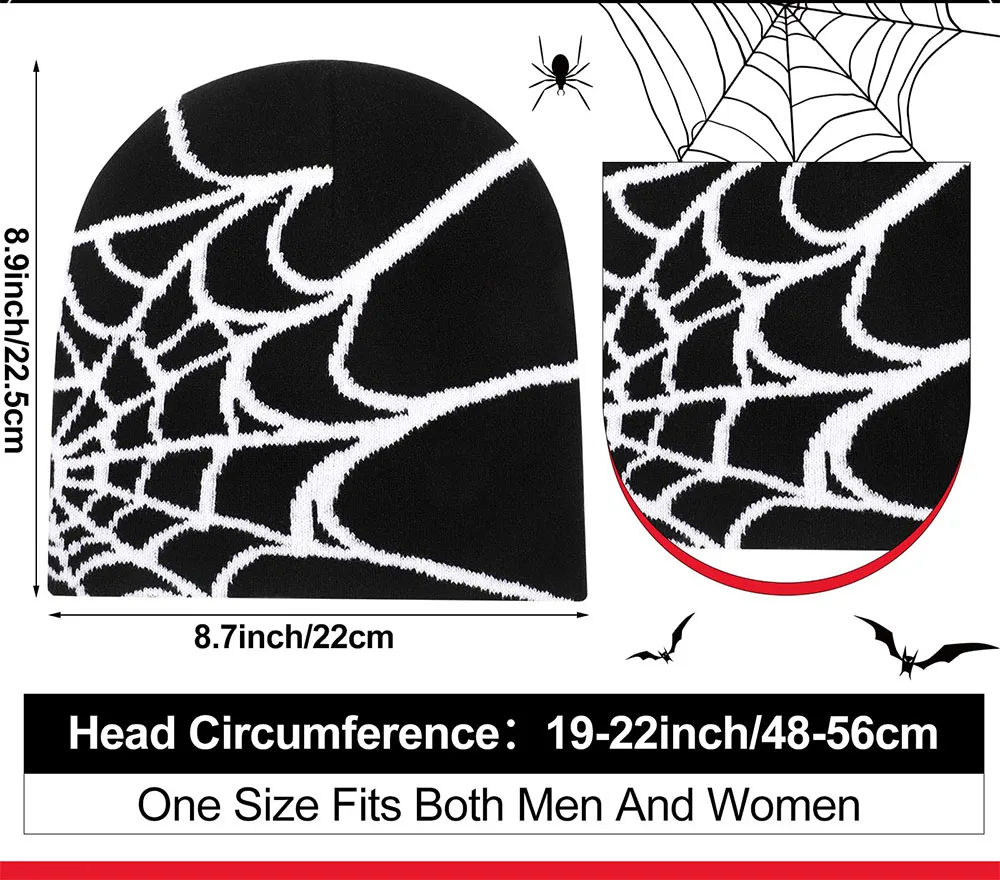 Y2K Beanies Spider Web Pattern Beanie Gothic Acrylic Knitted Hat Casual Streetwear Outdoor Cuffless  Beanies for Men