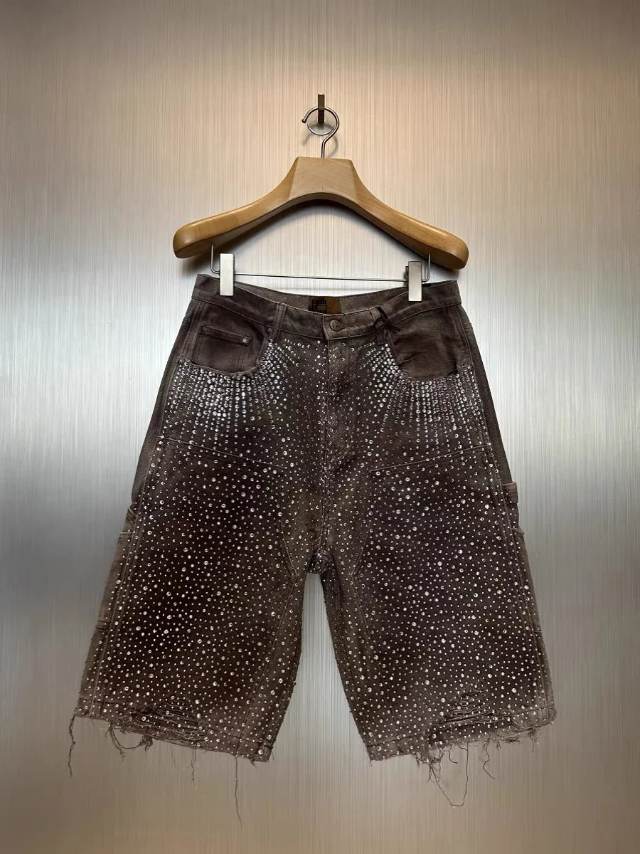 Custom Streetwear Man All Over Print Dirty Mud Acid Wash Skate Diamond Rhinestone Distressed Denim Jeans Shorts Baggy Jorts Men gallery 2