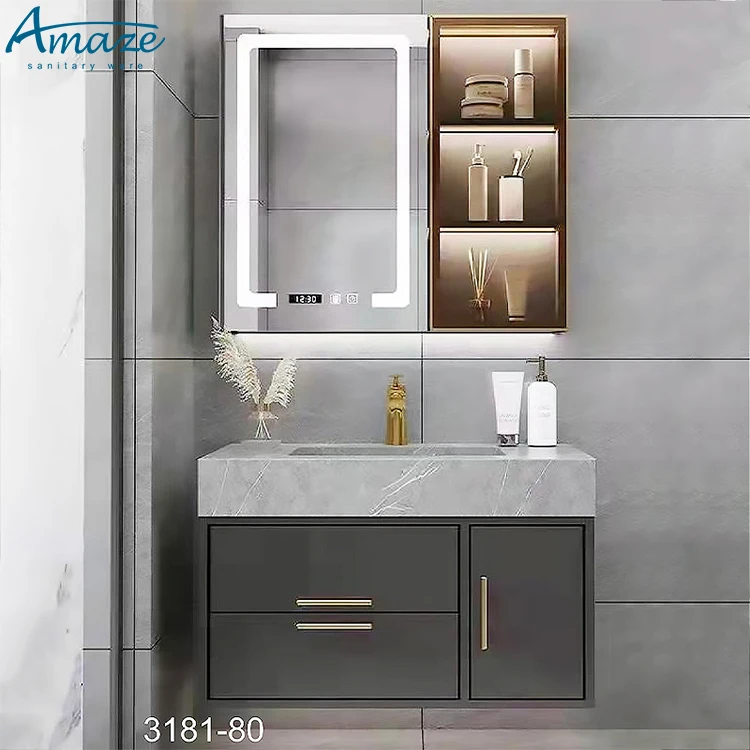 Modern style hotel household furniture plywood design intelligent mirror cabinet bathroom vanitiy sink details