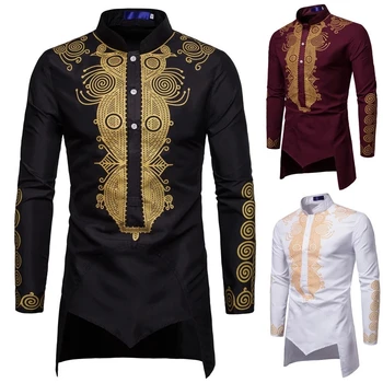 Slim Fit Dashiki African Men Clothes, Black Golden Printed Long Sleeve Men'S Shirts