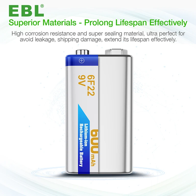 EBL 9v Rechargeable Battery Pack Lithium Ion Batteries 600mAh Lithium Battery Cell for Smoke Alarms