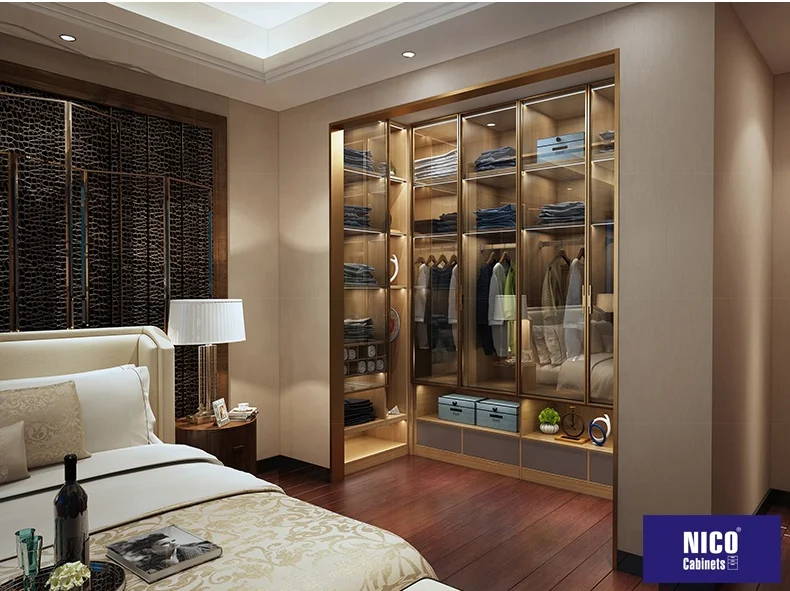 NICOCABINET Высококачественная индивидуальная Роскошная золотая стеклянная дверь современный шкаф мебель для чулана