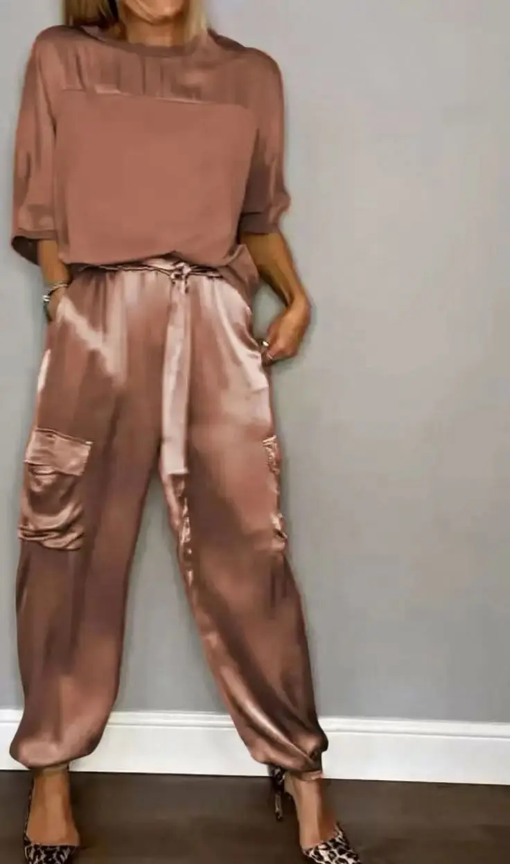 2026 New Smooth Satin Half Sleeve Top Suit Two Piece