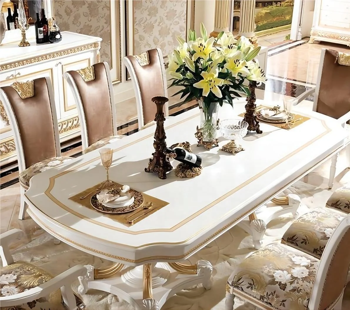 High-end Dining Room Chairs Table Furniture  White Lacquered Wooden Structure Fabric Upholstery Marble Top Dining Table Sets