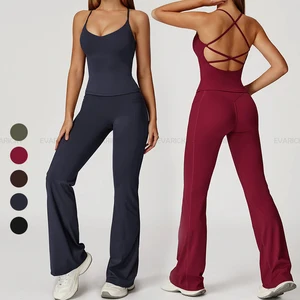 Women's Two Piece Long Flare Yoga Pants and Gym Sports Top Cross Shoulder Straps Backless Running Fitness Workout Set for Women