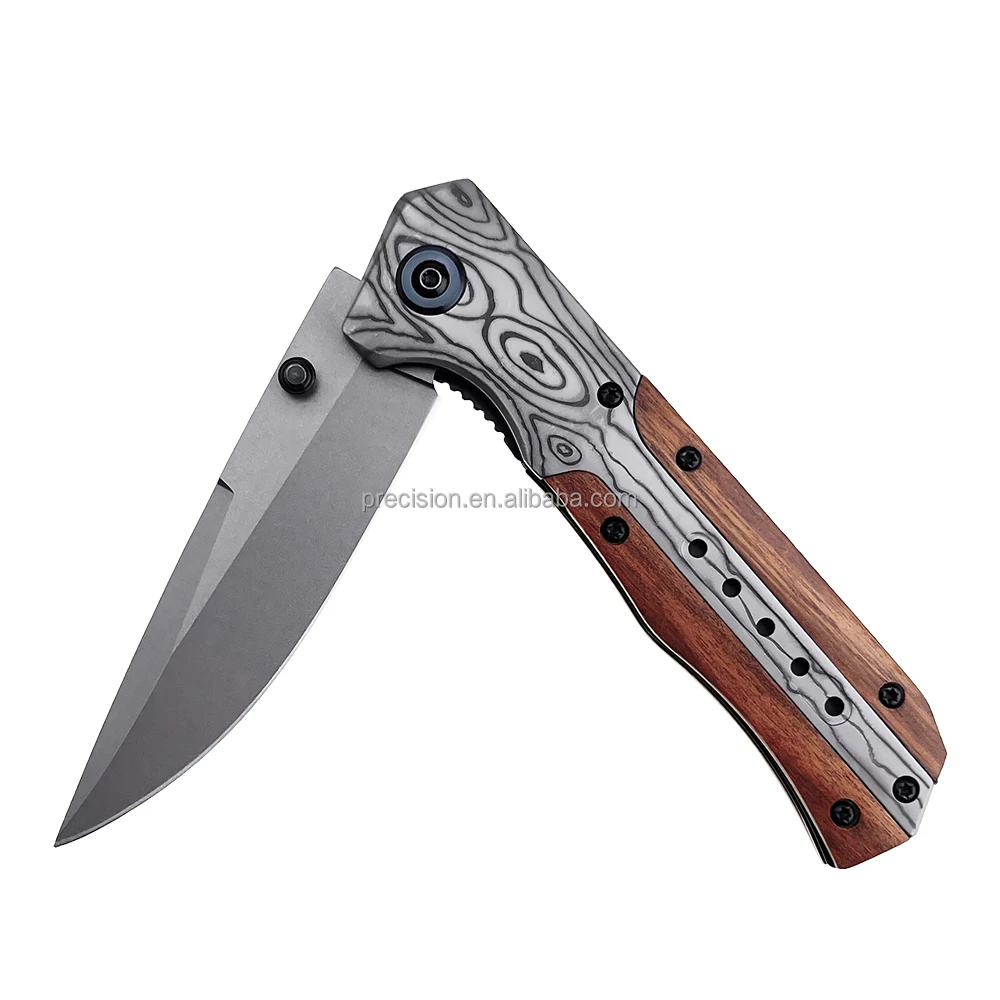 Custom Outdoor Messer Titanium Coating Blade Laser Pattern Tactical Knife Folding Wooden Handle Pocket Knife with Clip