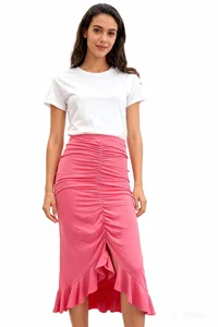 Women's Summer Knitted Soft Stretch High Quality Chic Ruched Asymmetric Flounce Hem Bodycon Midi Skirt Ruffle Skirt for Party