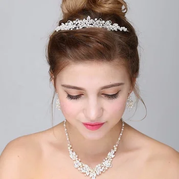 Fashion Bridal Wedding Jewelry Sets Pearl Plated Silver Crystal Rhinestone Necklace Earrings Tiara Crown
